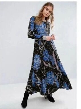 Free People Black Maxi Dress with Blue Floral Print